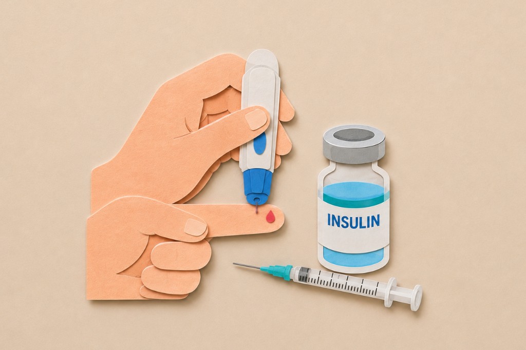 Paper-cut illustration of blood glucose testing and insulin