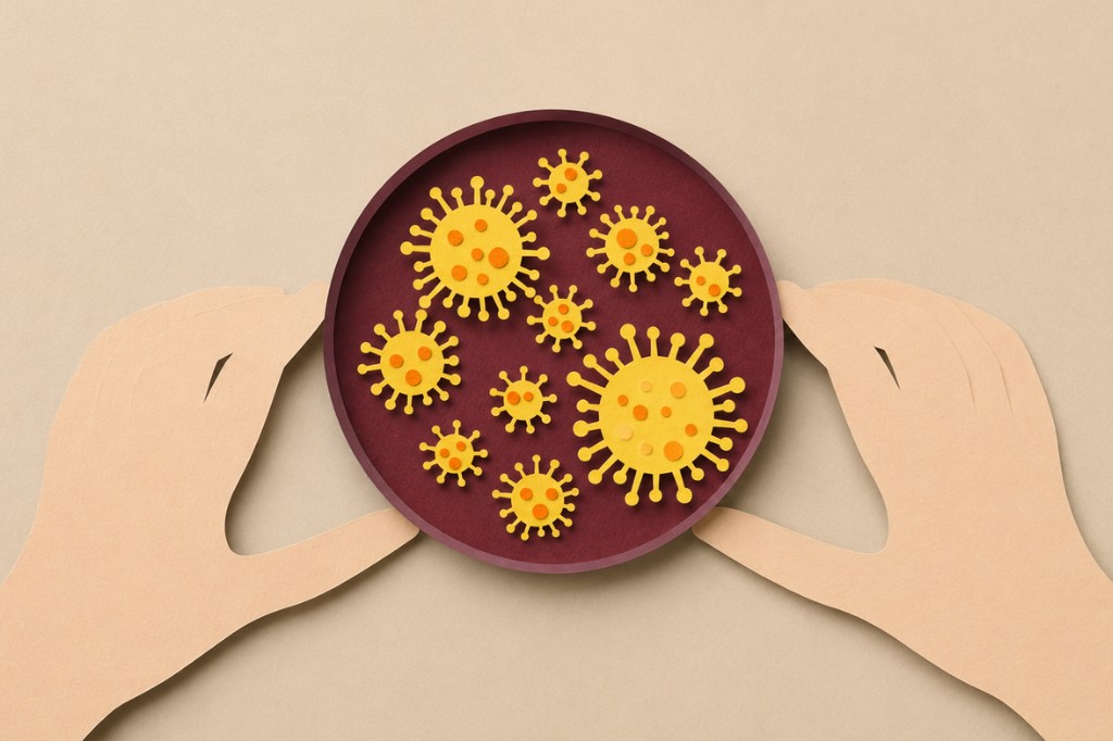Paper-cut illustration of pathogens viewed under a microscope
